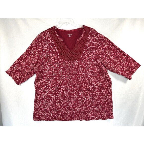 Catherines Women's Tunic Top Blouse Plus 2X Red Floral V-Neck Crochet - Picture 1 of 8